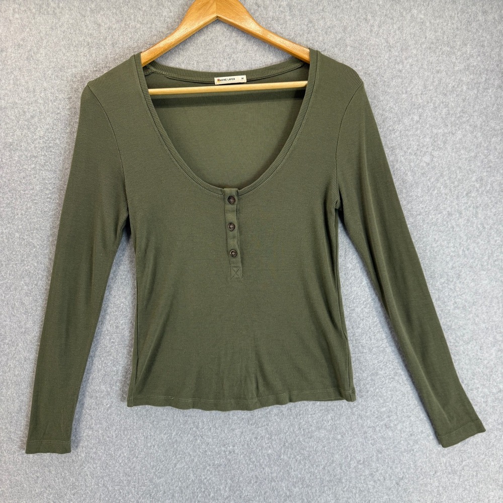 Marine Layer‎ Lexi Rib 5 Button Henley LS Shirt Burnt Olive Green Womens Medium